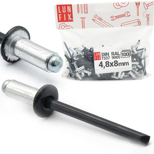 Rivet pop aluminium industriel 4,8 x 8 mm 100 pièces rivets aveugles fixation durable usage professionnel mandrin acier DIN7337 RAL 9005 Noir de jais Lun Fix