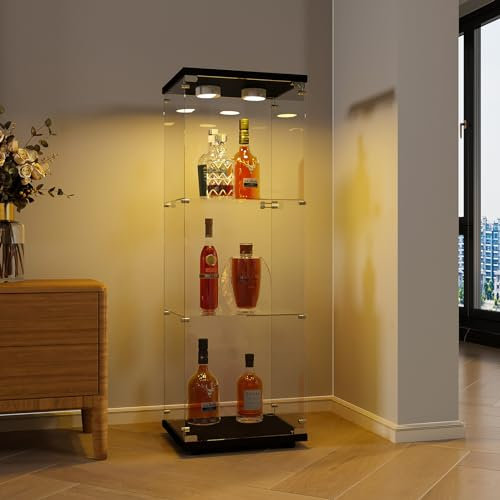 LED-glasfönster, glasskyltskåp med 1 dörr 3 våningar glasmonter skåp skåp skåp glas med lås stående skyltfönster bar vardagsrum (svart, 1 dörr 3 lager LED)