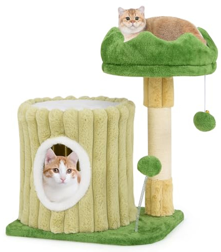 COSTWAY Tiragraffi per Gatti 50 x 41 x 54 cm, Torre Moderno con Pali in Sisal, Piattaforma Imbottita e Pallina Penzolante, Cuccia per Animali Domestici, Verde e Naturale