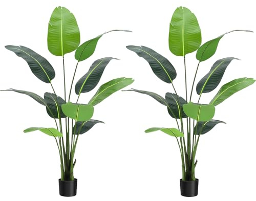 Plastic Artificial Bird of Paradise Plant 5 ft (60 in) Fake Palm Tree for Indoor Outdoor Modern Decor Faux Plants for Home Office Perfect Housewarming Gift with 10 Trunks Faux Leaves 2 Pack