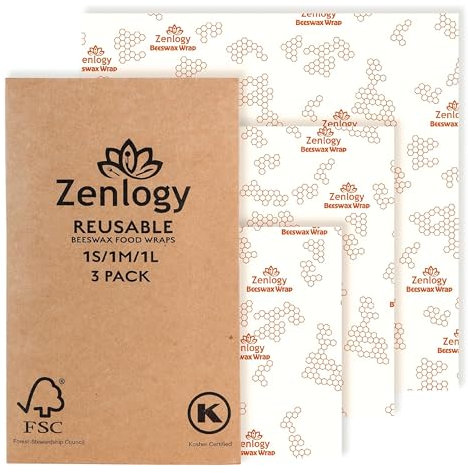 Zenlogy Reusable Beeswax Food Storage Wrap, Eco Friendly Alternative, Sustainable Organic Cut to Size Cotton Beeswax Wraps, 3 Pack (13 x 14, 10 x 11, 7 x 8)