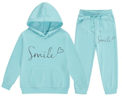Ensembles de survêtements à capuche de 2 pièces pour l'automne pour filles avec cordon de serrage pour enfants, tenue graphique avec poches, sourire, manches longues, lettre, pantalons de sport actifs