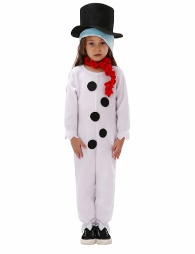 Generisch Set di 4 costumi da pupazzo di neve per bambini, ragazzi, ragazze, tuta per vacanze, Natale, costume per feste, con cappello, sciarpa, set di vestiti per bambine, bianco, 4-5 Anni