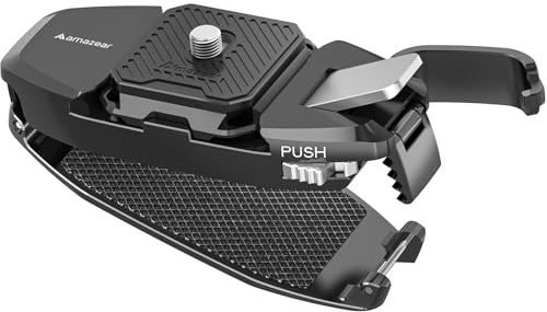 AMAZEAR Clip per zaino per fotocamera DSLR/OSMO Pocket 3/4, con una sola mano, clip da cintura con piastra a sgancio rapido per Canon Nikon Sony Fuji Go-Pro Action Cam con sistema di sicurezza V2,nero
