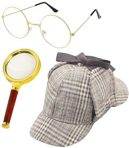 Hailerio Per Costume Da Detective - Set Gioco di Ruolo Detective per Adulti | Costume Cosplay, Cappello Occhiali Lente d'Ingrandimento per Adulti Bambini,Spettacolo Feste Halloween