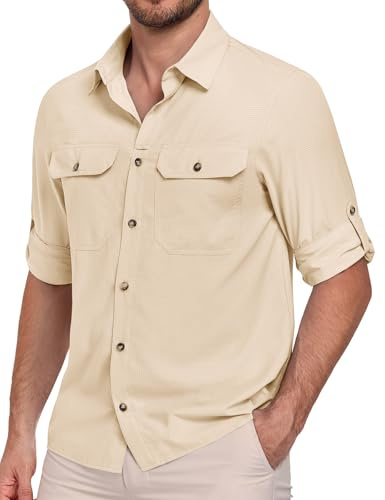 Xnova Chemise Homme Anti UV Manches Longues – Respirant Randonnée Séchage Rapide Décontractée Boutonnée Shirts avec Poches & Lunettes de Soleil Clip (Beige, M)