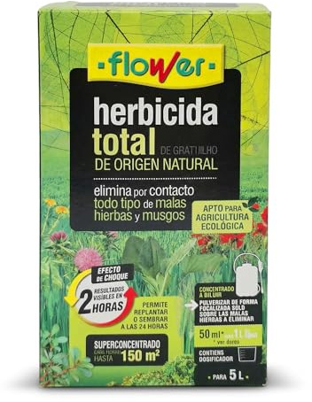 FLOWER Total Bio-Unkrautvernichter natürlichen Ursprungs, bis zu 150 m², entfernt Unkraut und Moos, sichtbare Ergebnisse in 2 Stunden, 250 ml + Dosierer zum Verdünnen in 5 l Wasser, Superkonzentrat
