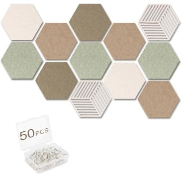 Acidea Tableau de Liège Hexagonal, 12 Pièces Tableaux d'Affichage en Feutre Mural Autocollant avec 50 Punaises, Panneau Liege Mural Affichage Photo Vision Board pour Notes, Photos, Publicité