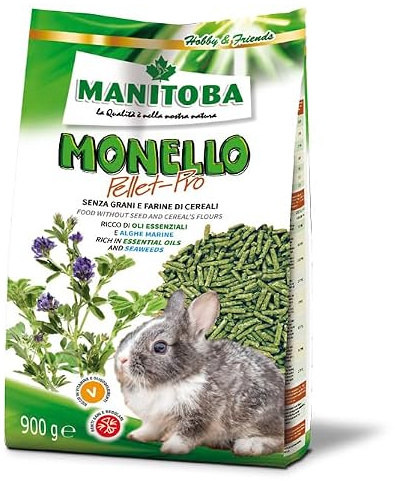 PELLET PRO Monello MANITOBA | alimento per Conigli Nani, alimento completo ricco in fibre e privo di grani e farine di cereali, 1 confezione da 900 grammi.