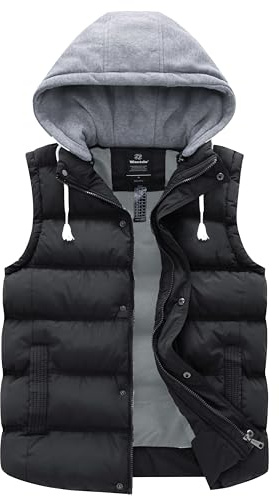 Wantdo Gilet con Cappuccio Staccabile Antivento Smanicato Imbottito Trapuntato Caldo Invernale Giacca da Lavoro Senza Maniche Giubbotto Casual con Zip Uomo Nero XXL