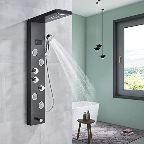 Saeuwtowy Columna Ducha Hidromasaje LED Negro Acero Inoxidable 5 Función con Pantalla LCD 4 Boquillas de Masaje Pared Panel de Ducha Hidromasaje