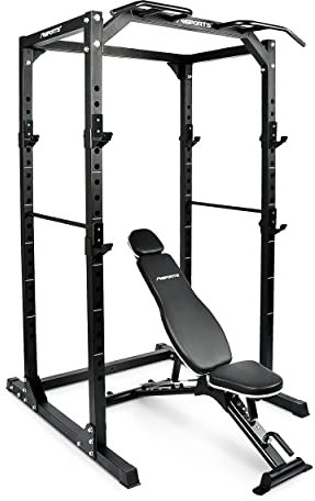 MSPORTS Power Rack Premium Cage H/B/T - 215x120x140 cm Kraftstation bis 200 kg Hantel Käfig Squat Fitnessstation (Power Rack + Hantelbank)