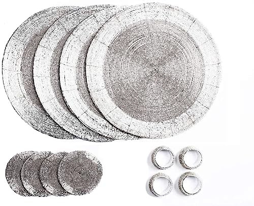 Penguin Home® Set med 12 glaspärlor bordstabletter, underlägg och servettringar – silverfärg – runda bordstabletter – handgjorda av skickliga indiska hantverkare – diameter – 32 cm (13 tum)