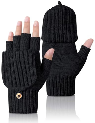 Kiiwah Winter Warme Fingerlose Handschuhe Convertible Thermo Halbfinger Fäustlinge Gestrickte Handschuhe mit Flip Touchscreen Fotografie Sport Handschuhe für Damen und Herren