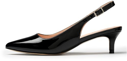 GENSHUO Black Women's Low Kitten Heel Slingback Ankle Strap Pump Pointed Toe Comfortable Formal Party Wedding Dress Shoes Patent Leather Size 10