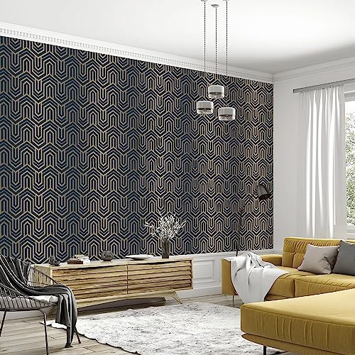 URBNLIVING Rotoli di carta da parati decorativa da parete in vinile con motivo nero oro champagne (carta da parati ruvida in vinile con motivo blu scuro e oro)