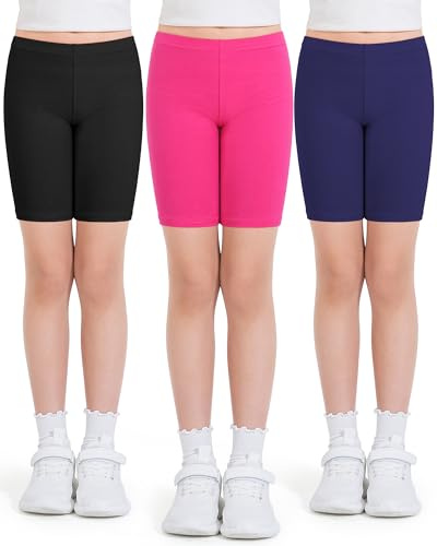 Auranso Girls Cycling Shorts 10-12 Years PE Dance Short Leggings Kids Summer Over Knee Half Length Cycle Shorts 3 Pack Black Navy Rose