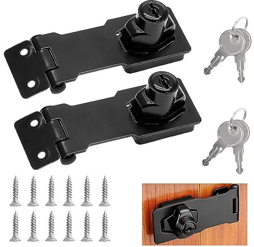 Sunallwell 2 Packs Door Lock Hasps, Keyed Hasp Locks Door Lock Hasp and Staple with Padlock Shed Locks with 2 Keys Safety Door Clasp Twist Knob Keyed Locking Hasp for Cabinets Drawer Gate (3inch)