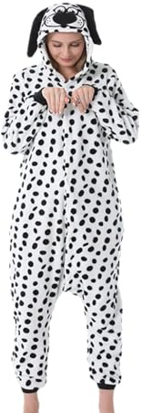 FeMereina Unisex Adult Cartoon Costume Halloween Christmas Sleepwear Jumpsuit Onesies Plush Cosplay Pajamas (Dalmatian, L)