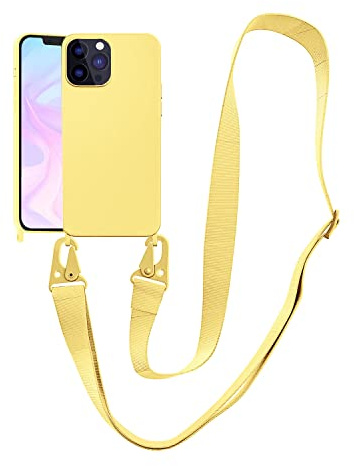 Mobiltelefonkedja mobiltelefonskal kompatibelt med Apple iPhone 15, halsbandsfodral, nylon, axelrem, mjuk silikon, TPU-skydd med snöre för upphängning, skyddsfodral med snyggt band (gul)