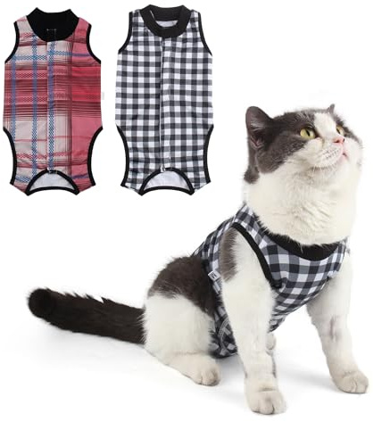 Pawcomon 2 Packs Cat Surgery Recovery Suit Surgical Clothes Abdominal Wounds Anti-Licking Cat Bodysuit Onesie Substitute E-Collar& Cone