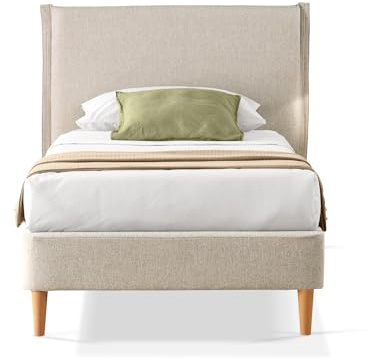 EVERGREENWEB Letto Singolo in doghe in legno con Testata e rivestimento in tessuto Beige | facile da montare |Adatto per materasso cm 90x200 | Letto di Design |Mod. Parigi
