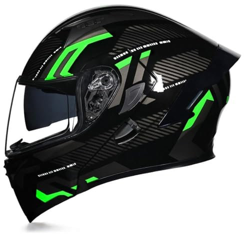 Woljay Full Face Flip Up Motorcycle Modular Helmet Integrated Motorbike Dual Visor for Adults Men Women Moped Street Racing DOT Approved (XXL,Count Black Green - Transparent Visor)