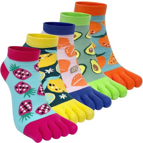 Chaussette à Doigts Femme Drôle Coton Court Basse Socquettes Orteils Séparés de Sport Nouveauté Cute Animaux Fruit Modèle Running Chaussette - EU 35-40, 5 Paires