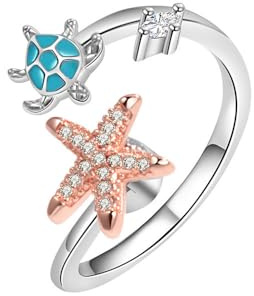 LUTAKU Anillo para ansiedad, tortuga marina y estrella de mar, anillo giratorio para aliviar el estrés, anillo abierto ajustable, joyería para mujeres e hijas, Metal