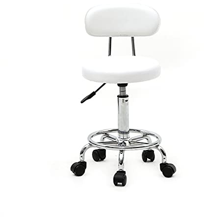 Bonnlo Tabouret roulettes Professionnel avec Dossier, Tabouret de Bureau Rotation à 360° et Hauteur Réglable, Revêtement en PU, pour Salon de Massage, Manucure et Bureau (Blanc, Standard)
