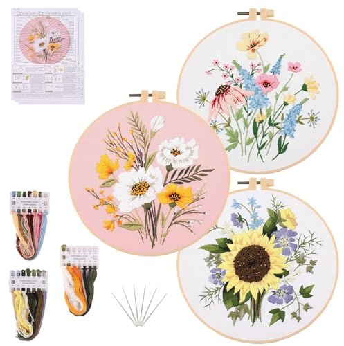 Winmany Lot de 3 kits de broderie au point de croix pour adultes débutants avec instructions (français non garanti) - Cerceaux en tissu à broder et fils - Kit de démarrage pour les amateurs de la main