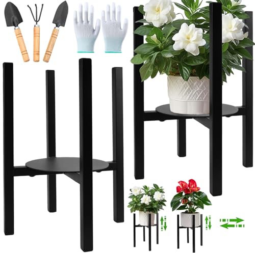 KIMIGO 2pcs Pflanzenständer,Verstellbare Blumenständer aus Metall,Blumentopfständer mit Handschuhe und Kleine Gartengeräte,Pflanzenhocker,für Übertopf mit einem Außendurchmesser von 8-12in