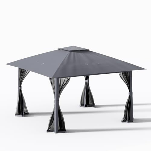 COSTWAY Carpa Plegable 3,94 x 3,94 m, Pop-up, Pergolas de Jardin con Techo Doble y 4 Paredes Laterales de Malla, Altura Ajustable, Cenadores para Jardin Exterior, Bolsa de Transporte, Gris