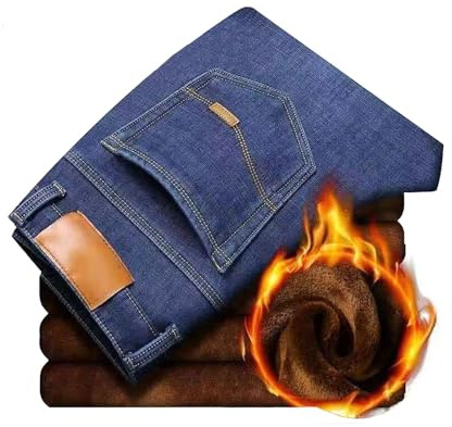 Mens Fleece Lined Jeans Denim Thermal Trousers for Men UK Snow Warm Work Fleece-Lined Pants with Pockets Male Thicken Comfortable Jeans for Hiking Camping Climbing