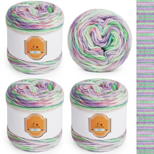 Aeelike Gradient Yarn Cake - Soft Fluffy Yarn Cakes Ombre 400g - 55% Cotton 34% Acrylic 11% Polyester - Green and Purple Colour Gradient Wool for Knitting, Crochet and DIY Craft Projects