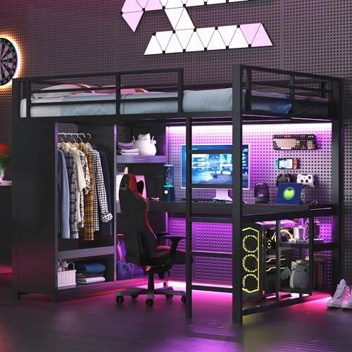 YuQozii Cama alta de metal para videojuegos, 140 x 200 cm, con iluminación ambiental, escritorio, armario abierto y compartimentos de almacenamiento, color negro