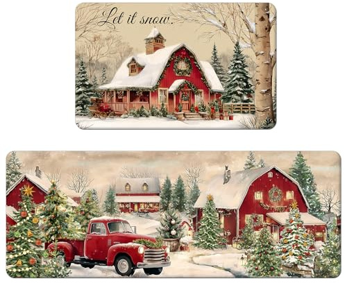APROPHIC Rotes Weihnachtshaus Weihnachten Küchenteppich 2er Set,Roter Weihnachtswagen Waschbar Küchenmatten Für Innen Außen Dekor - 40x60 and 40x120 cm，Weihnachtsfamiliäre Atmosphäre