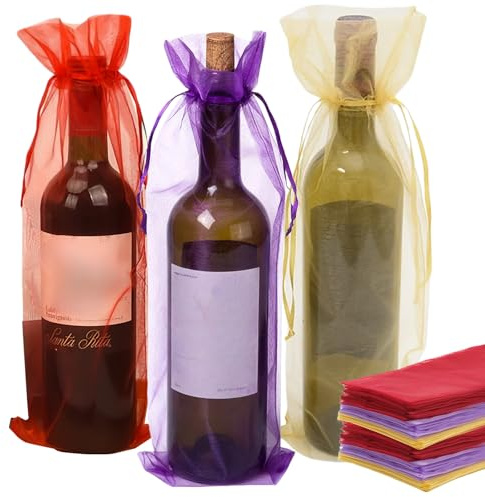 BAIFULAI 50 bolsas de organza para vino, 37 x 14 cm, bolsas de regalo para botellas de vino, 750 ml, bolsas de organza con cordón, para vino, champán, boda, Navidad fiesta