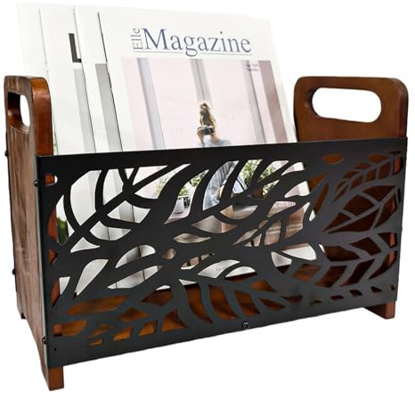 VEGOATY 35 x 17 x 4 cm Porte-revues : rangement de disques vinyles en bois, design feuille d'arbre Serre-livres en métal, bibliothèque, porte-journaux, porte-revues pour salon, bureau et pièces