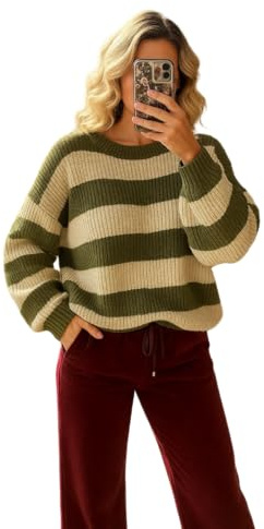 Pretty Attitude Oversized New Ladies Womens Chunky Knit Striped Baggy Jumper Knitted Sweater Thick Top Size 8-18 (UK, Numeric, 8, 10, Regular, Regular, Khaki & Cream)