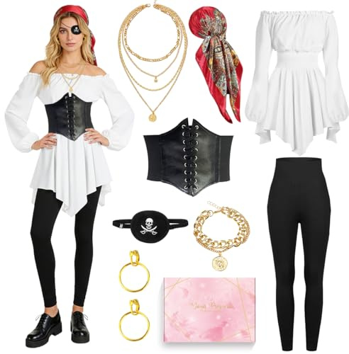 COYBTO Deguisement Pirate Femme Médiévale, Costume Pirate Femme Carnaval avec Pantalon Masque Corset et Foulard, Médiévale Deguisement Pirate Cosplay pour Adulte Fête Carnaval Halloween (Blanc, L)