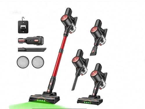 Vexilar Aspirateur Balai sans Fil, 450W/45Kpa/50 Mins, Aspirateur sans Fil avec Écran LED, Filtration Cyclonique 5 Étapes, Aspirateur pour Tapis,Sols Durs,Poils d'animaux,Aspirateur Balai Léger -Rouge