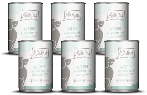 MjAMjAM - Premium Nassfutter für Hunde - gute Pute an gekochtem Reis mit gedämpfter Zucchini, 6er Pack (6 x 400 g), naturbelassen mit extra viel Fleisch