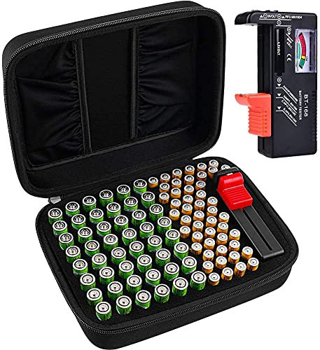COMECASE Batterie Aufbewahrungsbox Tragetasche Batteriebox Für 48 x AAA insgesamt 96 Batterien mit Batterieprüfgerät, zusätzliche 2 Taschen für anderes Zubehör