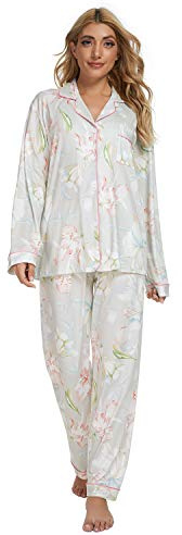 GOSO Women Pyjamas - Button Down Ladies Pyjama Pjs Floral Long Sleeve Top and Pants Nightwear Lady Lounge Soft Sleepwear Sets