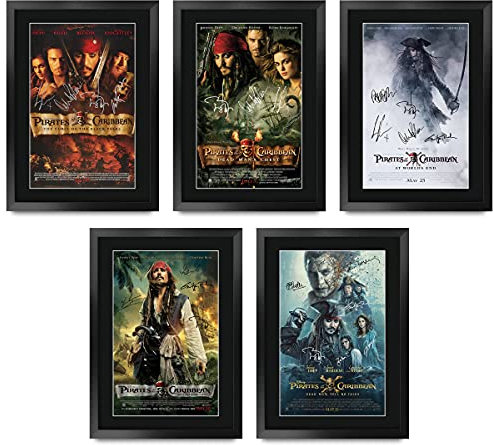HWC Trading FR A3 Pirates of the Caribbean Collection x 5 Jonny Depp Geschenke Geduckter Poster Signiertes Autogramm Foto für Fans von Film Memorabilien - A3 Framed