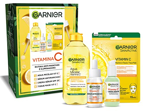 Garnier Set Anti Manchas, Sérum con Vitamina C y Sérum Cream un Cuidado 2en1 y Mascarilla Facial con Ácido Hialurónico y Vitamina C y Agua Micelar 400 ml