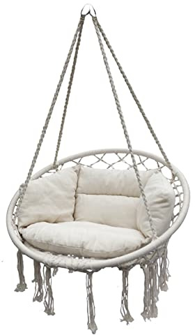Relax-hängstol, 80 cm, inklusive dyna, naturfärgad, hängande korg för inomhus- och utomhusbruk, svävande hängande fåtölj, korggunga, av bomull, flätad, utomhus