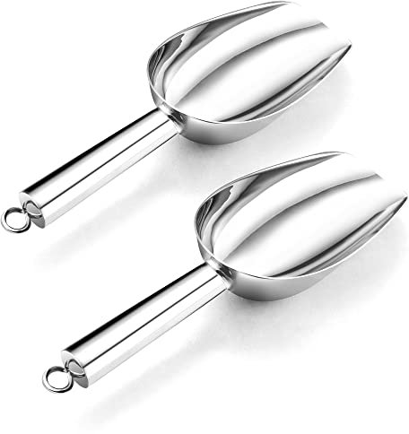Homikit Eisschaufel, Edelstahl Mehlschaufel 2er Set, Kleine Futterschaufel Abwiegeschaufel für Futter Kaffee Süßigkeiten Eis, Abfüllschaufel für Küche, Bar, Hochzeit, Buffet, Spülmaschinenfest, Silber