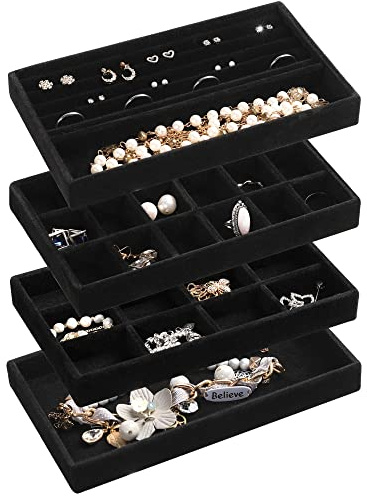 Frebeauty Jewelry Organizer Tray,Stackable Velvet Jewelry Trays,Drawer Inserts Earring Organizer For Women Jewelry Storage Display Case for Rings Stud Necklaces,Set of 4(Black)